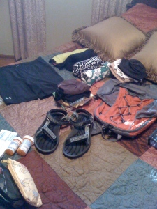 What packing for a month looks like spread out.